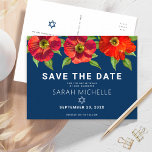 Invitation Carte Postale Bat mitzvah Sauvez la date Floral Aquarelle Marine<br><div class="desc">Assurez-vous que tous vos amis et parents pourront célébrer le Bat mitzvah de votre fille! Envoyez cette aquarelle chic, étonnante, rouge florale avec le type san serif moderne par rapport à un arrière - plan bleu marine, personnalisée "Save the Date" carte postale faire-part. Personnalisez le texte personnalisé avec le nom...</div>