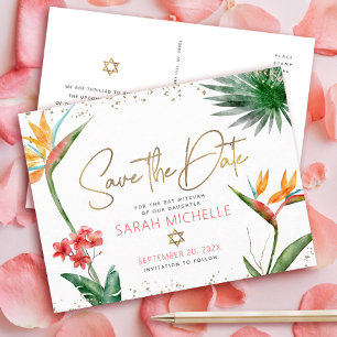 Invitation Carte Postale Bat mitzvah Tropical Save Date Floral Gold Script