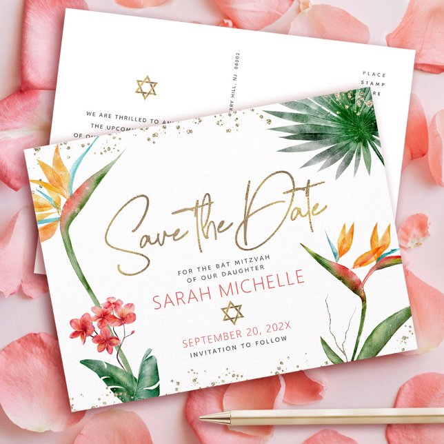 Invitation Carte Postale Bat mitzvah Tropical Save Date Floral Gold Script (Créateur téléchargé)