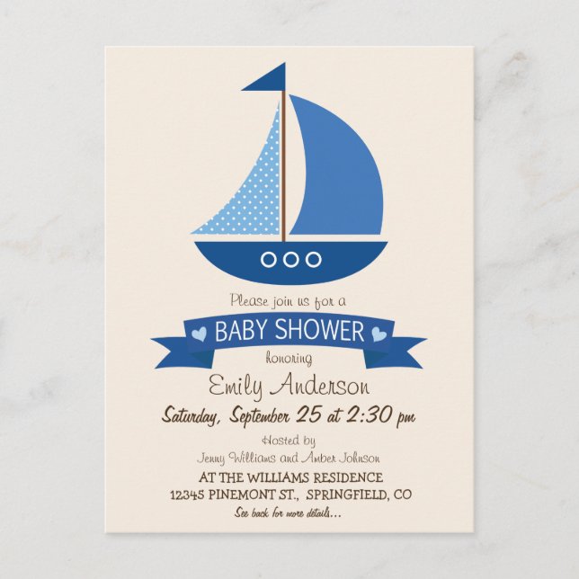 Invitation Carte Postale Bateau à voile bleu, Baby shower nautique (Devant)
