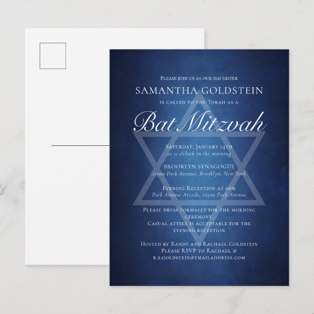 Invitation Carte Postale Batzavah Formel Typographie Bleu Blanc Moderne (Devant / Derrière)