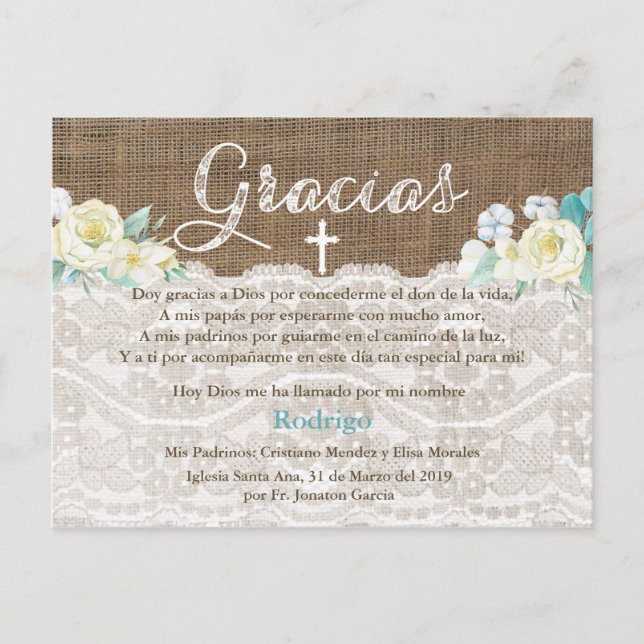 Invitation Carte Postale Bautizo Baptism Merci En Espagnol Pour Garçon (Devant)