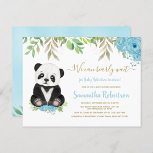 Invitation Carte Postale Bear Blue Greenery Floral Gold Boy Baby shower