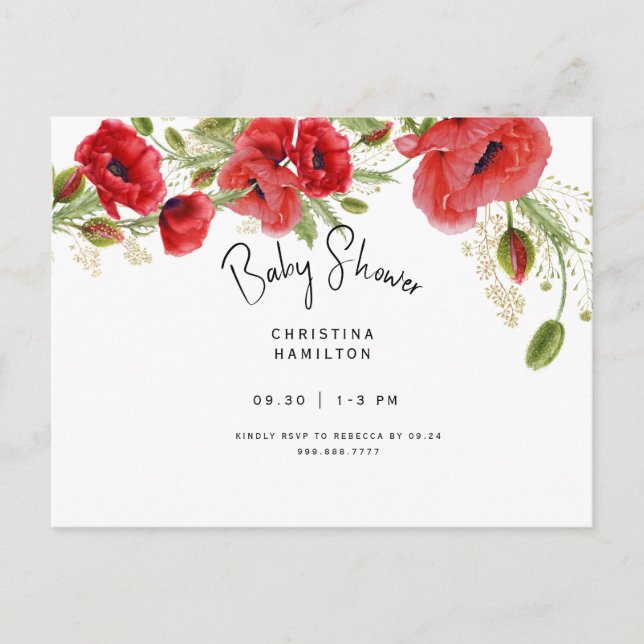 Invitation Carte Postale Beau Baby shower Foliage Red Poppies Invitati (Devant)