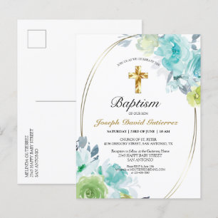 Invitation Carte Postale Beau bleu Floral Gold Cross Baby Baptism