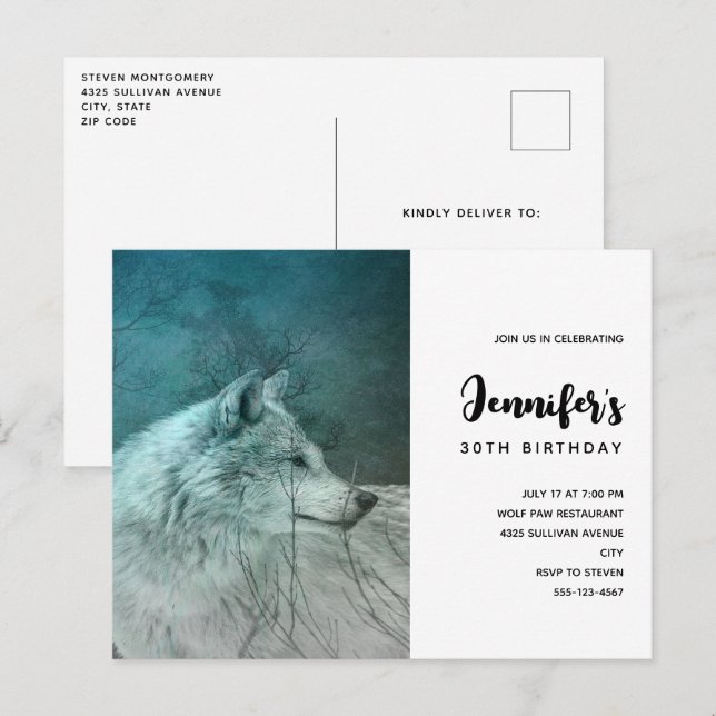 Invitation Carte Postale Beau loup gris dans une forêt foncée Anniversaire (Devant / Derrière)