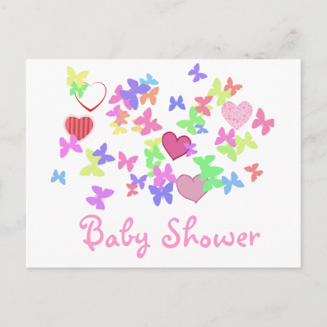 Invitation Carte Postale beau papillons roses et baby shower de coeur (Devant)