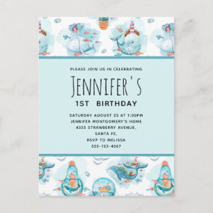 Invitation Carte Postale Beaux Baleines nautiques Aquarelle Motif Anniversa