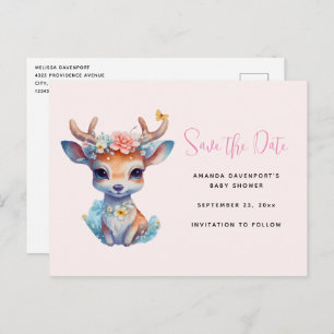 Invitation Carte Postale Bébé Cerf avec Antlers et Fleurs Enregistrer la da