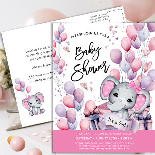 Invitation Carte Postale Bébé Eléphant Ballons roses Baby shower doux