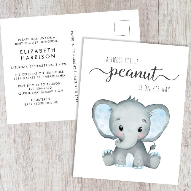 Invitation Carte Postale Bébé Eléphant mignon Douche garçon (Créateur téléchargé)