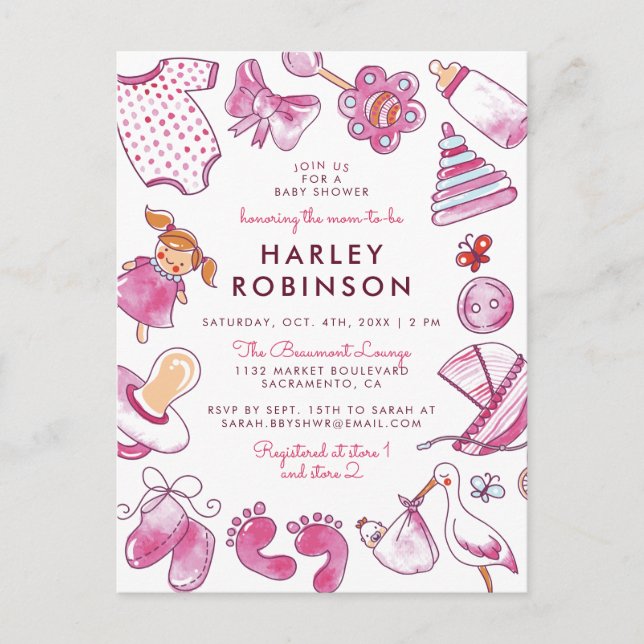 Invitation Carte Postale Bébé fille | Baby shower Jouets d'aquarelle rose (Devant)