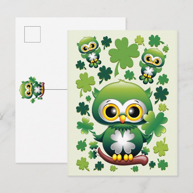 Invitation Carte Postale Bébé Hibou Mignon St Patrick Dessin Animé (Devant / Derrière)