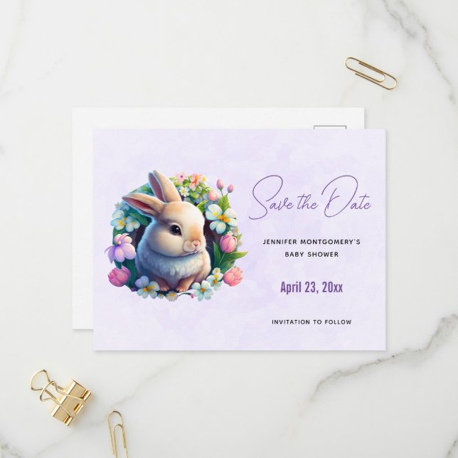 Invitation Carte Postale Bébé lapin dans les fleurs de printemps Économisez (Devant/Arrière en situation)