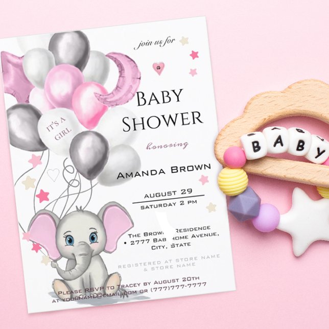 Invitation Carte Postale Bébé mignon éléphant avec ballons Baby shower fill (Créateur téléchargé)