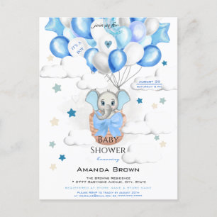 Invitation Carte Postale Bébé mignon Eléphant Ballons Panier Baby shower ga