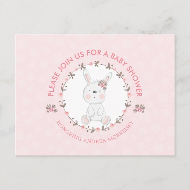 Invitation Carte Postale Bébé mignon lapin Floral Wreath Baby shower rose (Devant)
