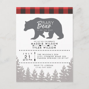 Invitation Carte Postale Bébé ours Baby shower rustique Bûcheron