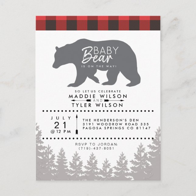 Invitation Carte Postale Bébé ours des bois | Baby Shower Rustique Bûcheron (Devant)