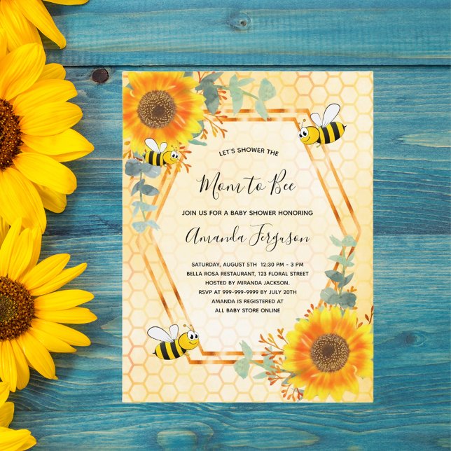 Invitation Carte Postale Bee Baby shower tournesol verdure maman à abeille (Créateur téléchargé)