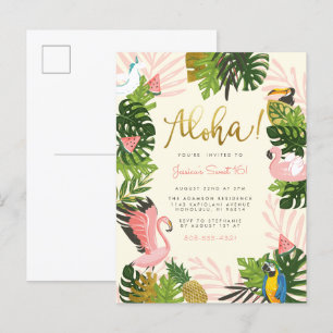 Invitation Carte Postale Beige   Aloha Hawaii Tropical Gold Birthday Party