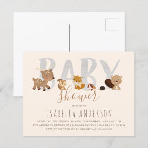 Invitation Carte Postale Beige   Cute Bois Animaux Baby shower neutre