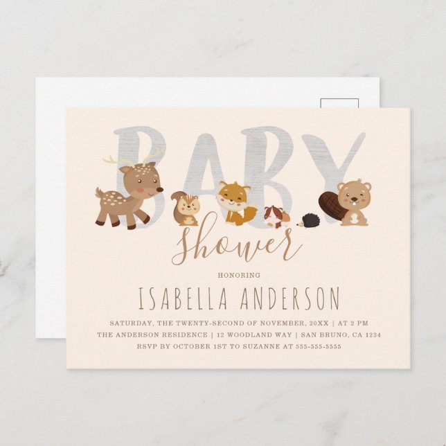 Invitation Carte Postale Beige | Cute Bois Animaux Baby shower neutre (Devant / Derrière)