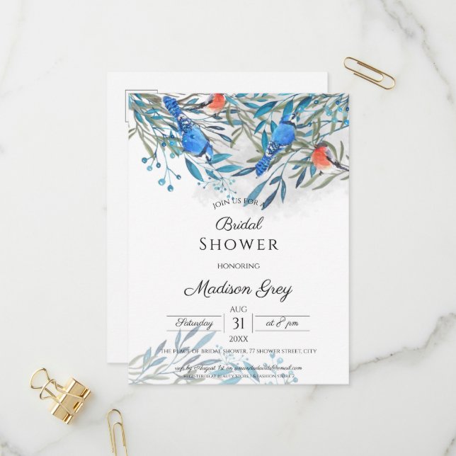 Invitation Carte Postale Belle Aquarelle Oiseaux & Fête des mariées de Foli (Devant/Arrière en situation)