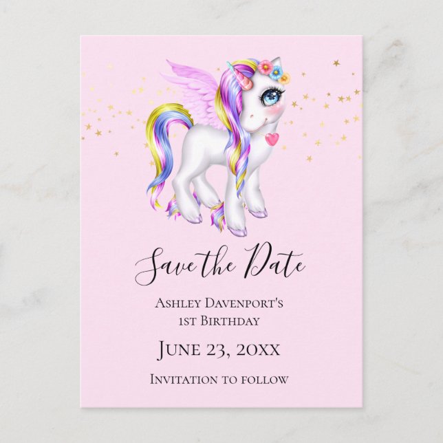 Invitation Carte Postale Belle licorne avec Rainbow Mane Enregistrer la dat (Devant)