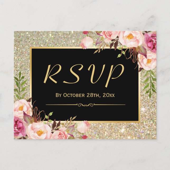 Invitation Carte Postale Belle Parties scintillant d'or Floral RSVP réponse (Devant)