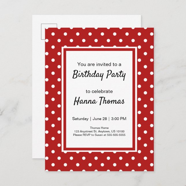 Invitation Carte Postale Belle Polka Blanc Rouge Point Anniversaire (Devant / Derrière)