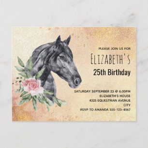 Invitation Carte Postale Belle tête de Cheval Noir Aquarelle Anniversaire