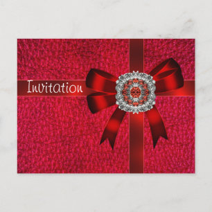 Invitation Carte Postale Bijou Ruban Cuir Rouge