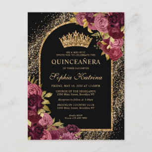 Invitation Carte Postale Black Burgundy Rouge or Parties scintillant Floral