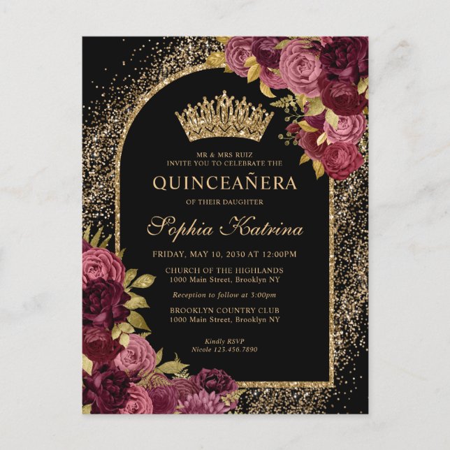 Invitation Carte Postale Black Burgundy Rouge or Parties scintillant Floral (Devant)