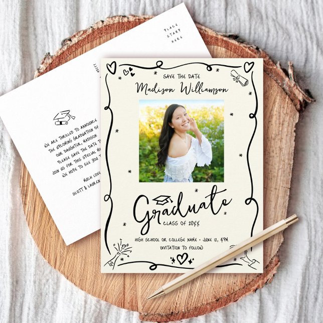 Invitation Carte Postale Black Doodles Graduation Save the Date Photo Cream (Créateur téléchargé)