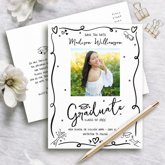 Invitation Carte Postale Black Doodles Graduation Save the Date Photo White (Créateur téléchargé)