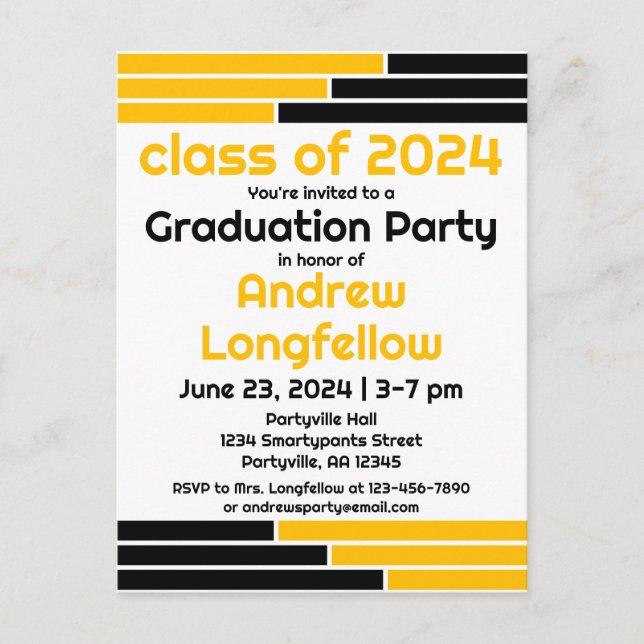 Invitation Carte Postale Black & Gold Bars Graduation Party (Devant)