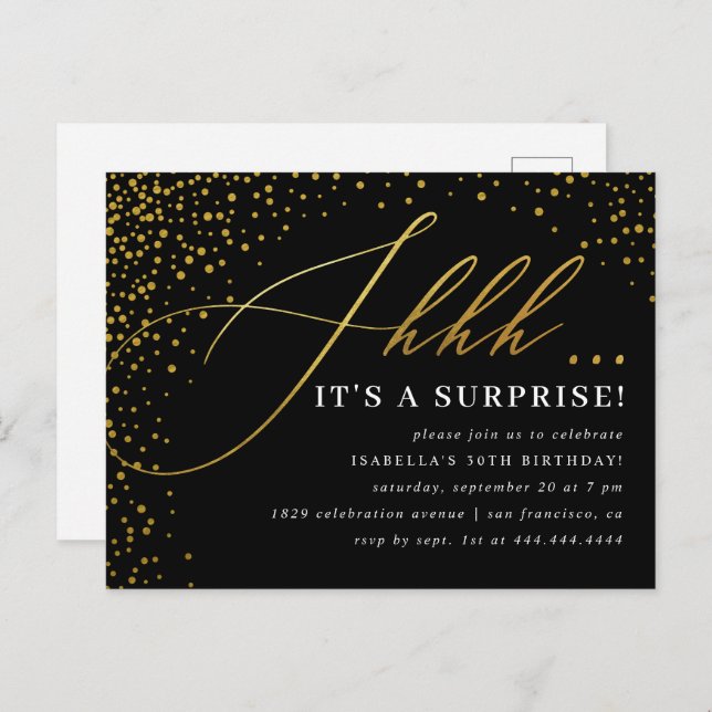 Invitation Carte Postale Black & Gold Confetti Script Surprise Party (Devant / Derrière)