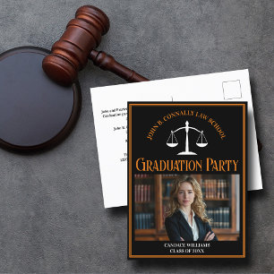 Invitation Carte Postale Black Orange Law School Photo Graduation Party