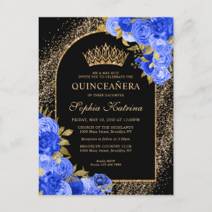 Invitation Carte Postale Black Royal Blue Gold Parties scintillant Floral Q