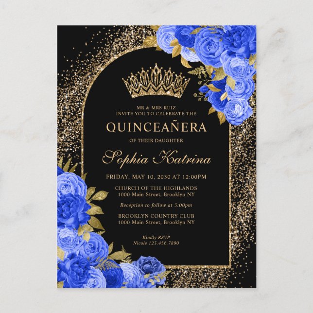 Invitation Carte Postale Black Royal Blue Gold Parties scintillant Floral Q (Devant)