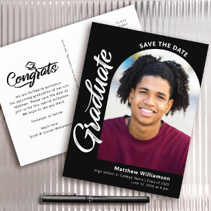 Invitation Carte Postale Black Save Date Graduation Arche photo en blanc Sc