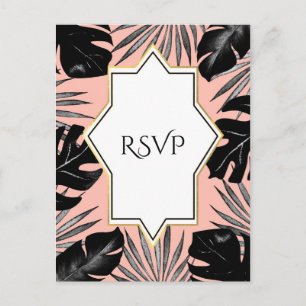Invitation Carte Postale Black Tropical Feuilles & Coral Peach Gold RSVP