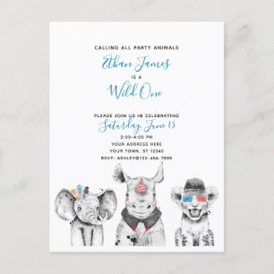 Invitation Carte Postale Black White Blue Wild One Boy's Birthday Party
