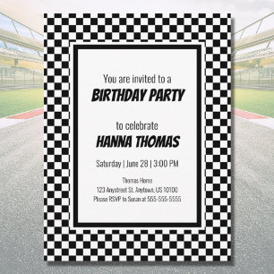 Invitation Carte Postale Black White Check Motif Racing thème Anniversaire