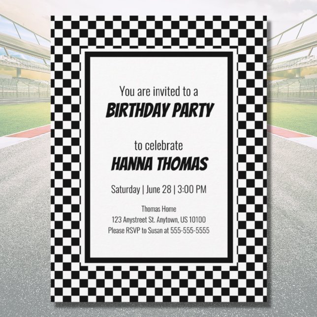 Invitation Carte Postale Black White Check Motif Racing thème Anniversaire (Créateur téléchargé)