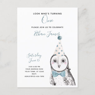 Invitation Carte Postale Black & White Owl 1er Birthday Boy Party