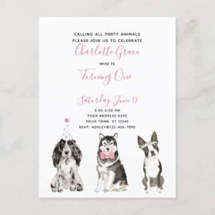 Invitation Carte Postale Black White Pink Script Fille de 1er anniversaire