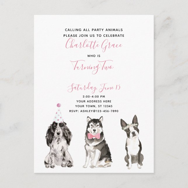 Invitation Carte Postale Black White Pink Script Fille de 2e anniversaire (Devant)
